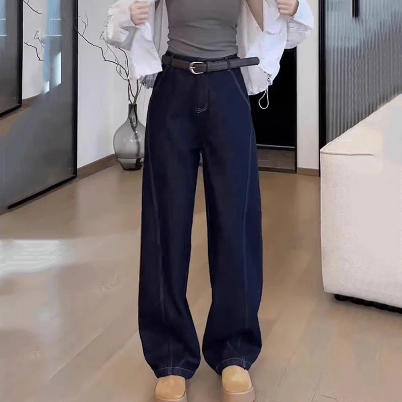 深蓝弯刀阔腿牛仔裤女2025秋冬加绒时尚高腰显瘦设计感百搭拖地裤