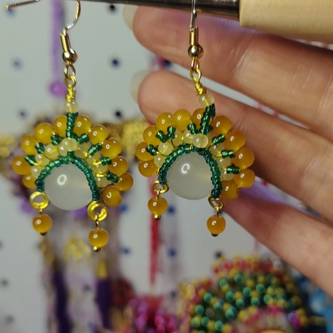 铜合金琉璃耳饰 绿色国风金色脸谱耳环精美百搭素款国风配饰古风