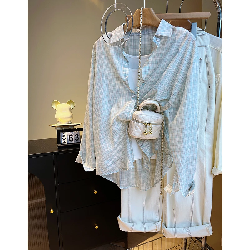 韩系小众格子防晒衬衫外套女夏季2025新款设计感宽松休闲百搭衬衣