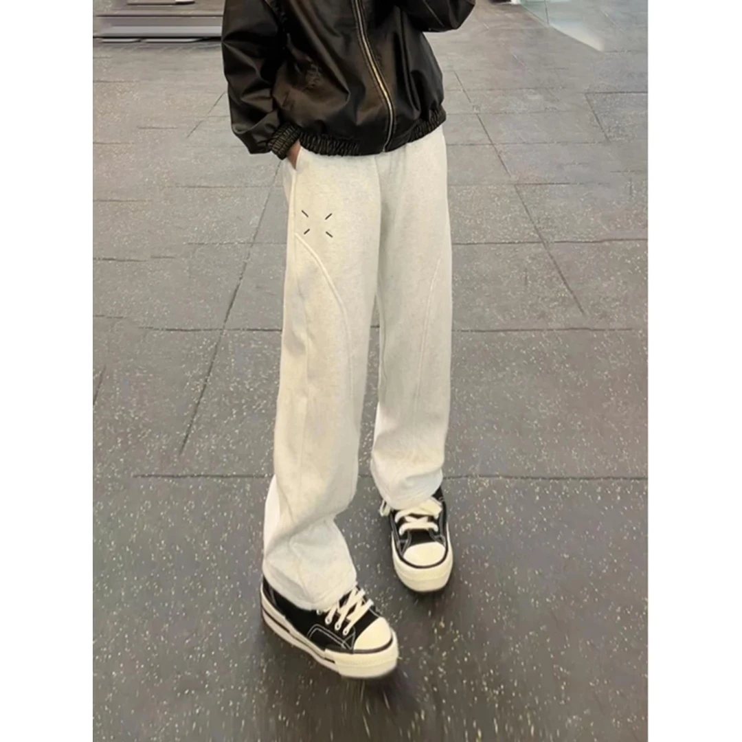 白花灰弯刀运动卫裤男款春秋美式复古加绒裤子大码显瘦直筒休闲裤