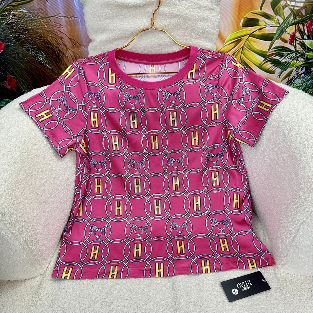 ‘’H戒指‘’烫钻桑蚕丝上衣名媛气质高端欧货轻奢闪钻印花短T恤女夏