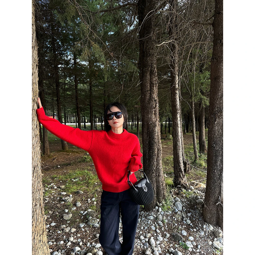 SHIIEELL螺口圆领定染红羊驼羊毛混纺廓形毛衣ZW097