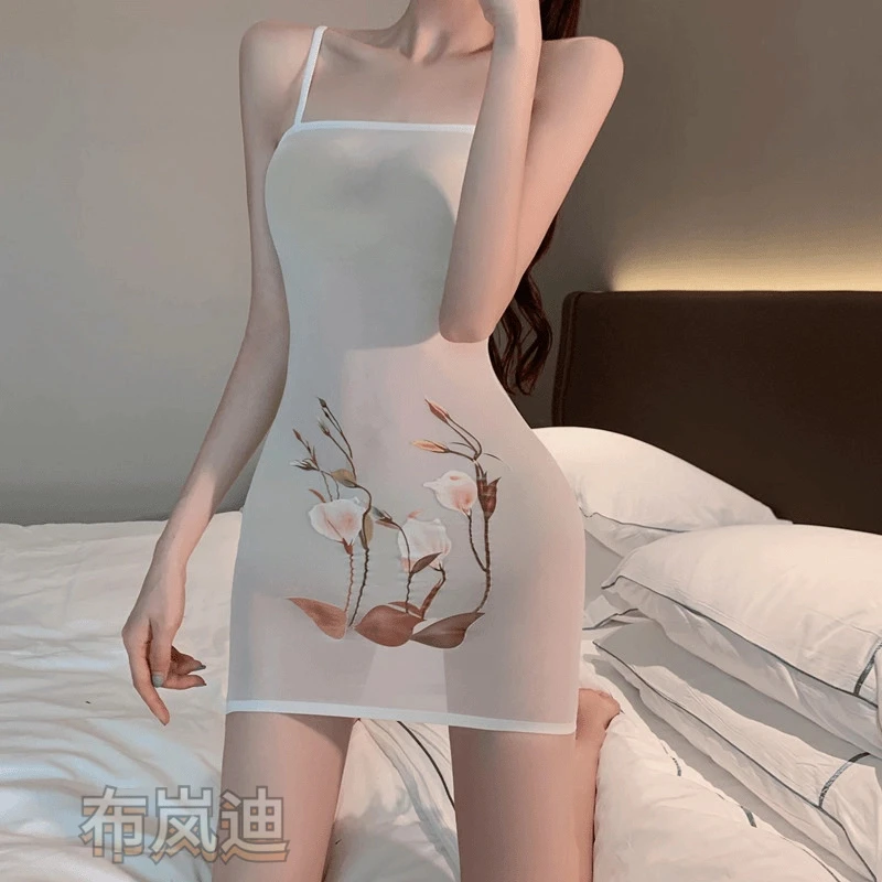 性感纯欲吊带包臀睡裙超薄连衣裙女不规则情调睡衣小个子性感白色