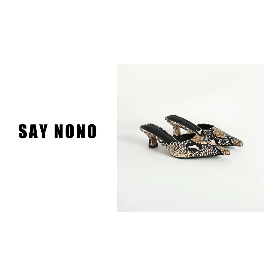 Say  nono  尖头蛇纹包头半拖懒人外穿显瘦中跟凉拖鞋5.5cm