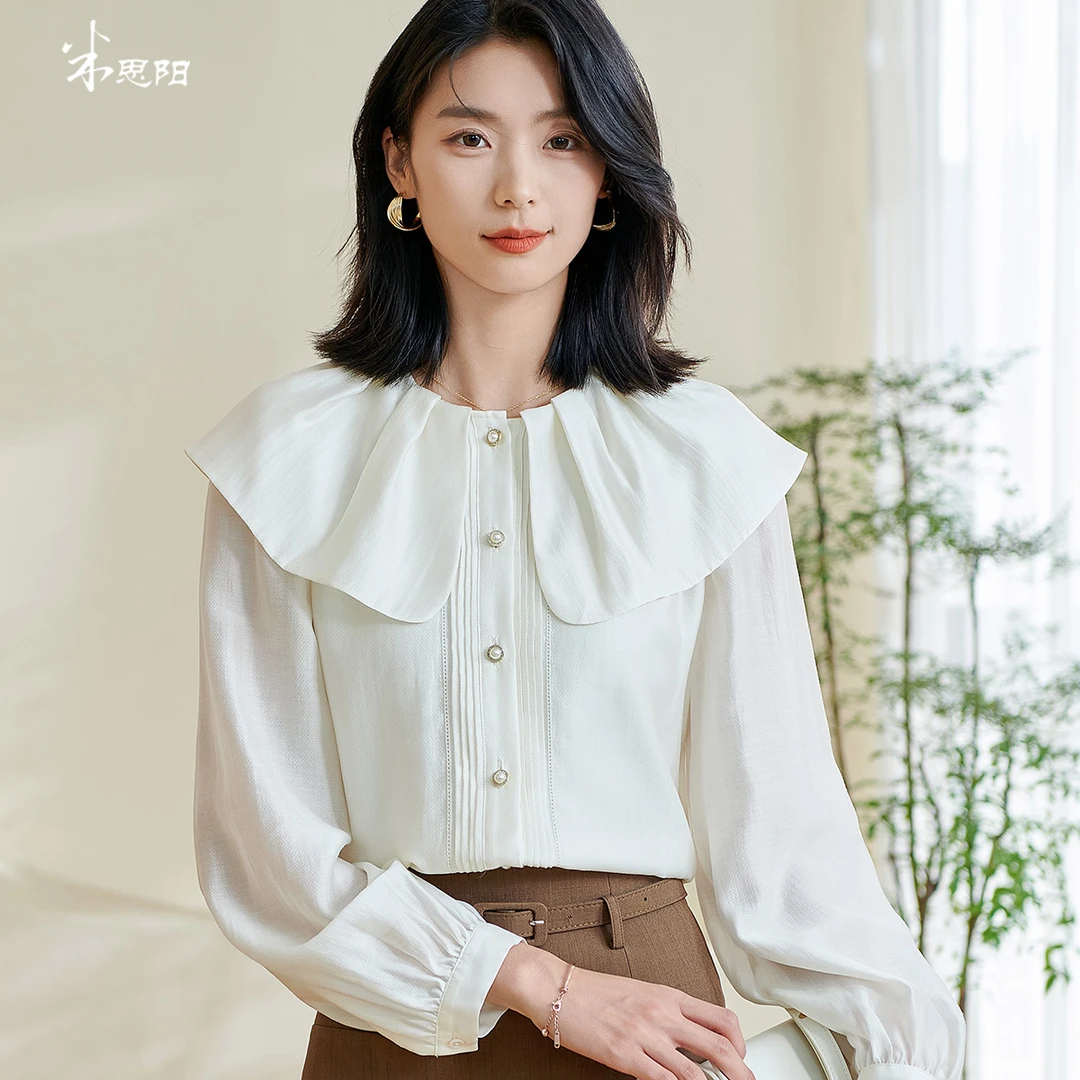 【小熊专属】法式优雅白色衬衫高级感天丝泡泡袖上衣女5M24AC0305