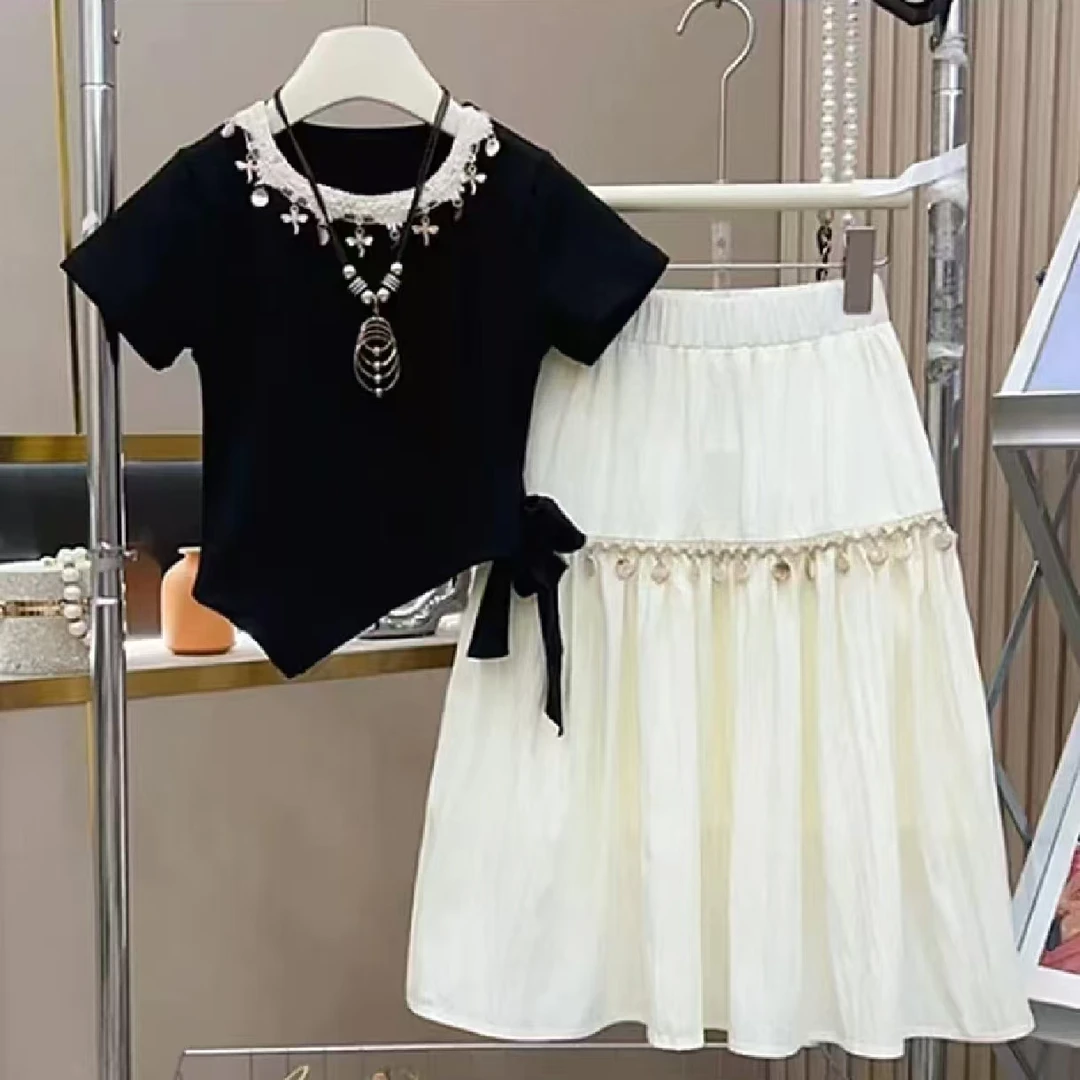 女童短袖套装夏装2025新款中大童洋气网红T恤半身裙两件套夏季薄