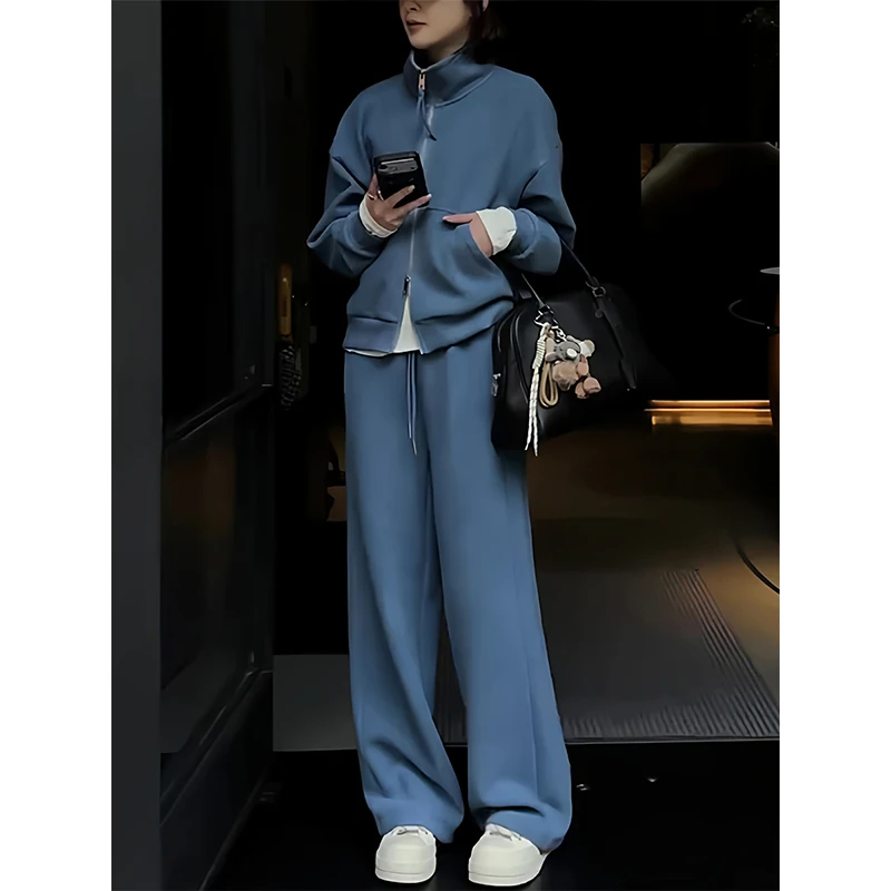 蓝色慵懒风休闲运动套装女秋冬新款韩系减龄立领外套阔腿裤两件套