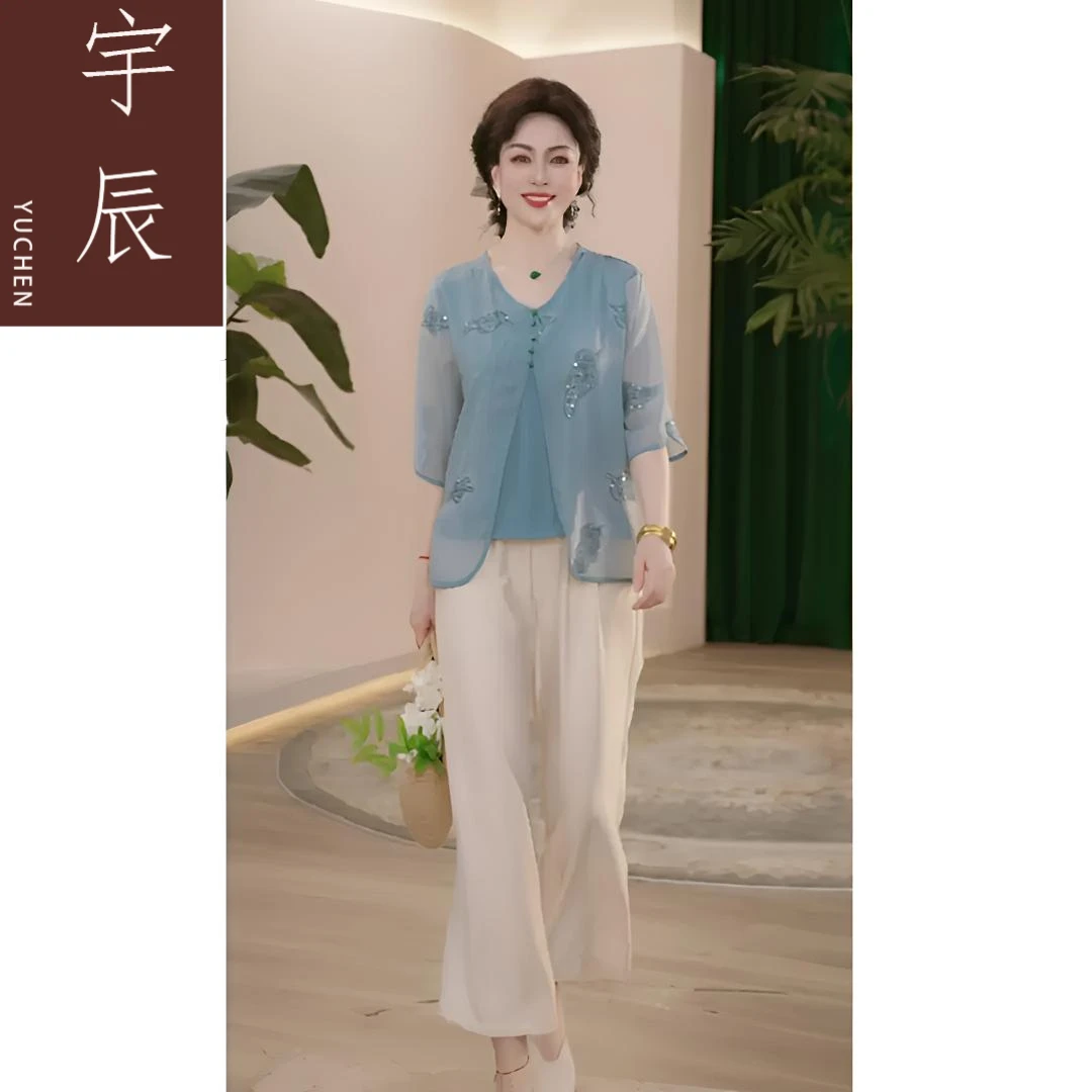 【直播现货】妈妈装夏装新款国风上衣洋气v领衬衫宽松衣服小衫套装