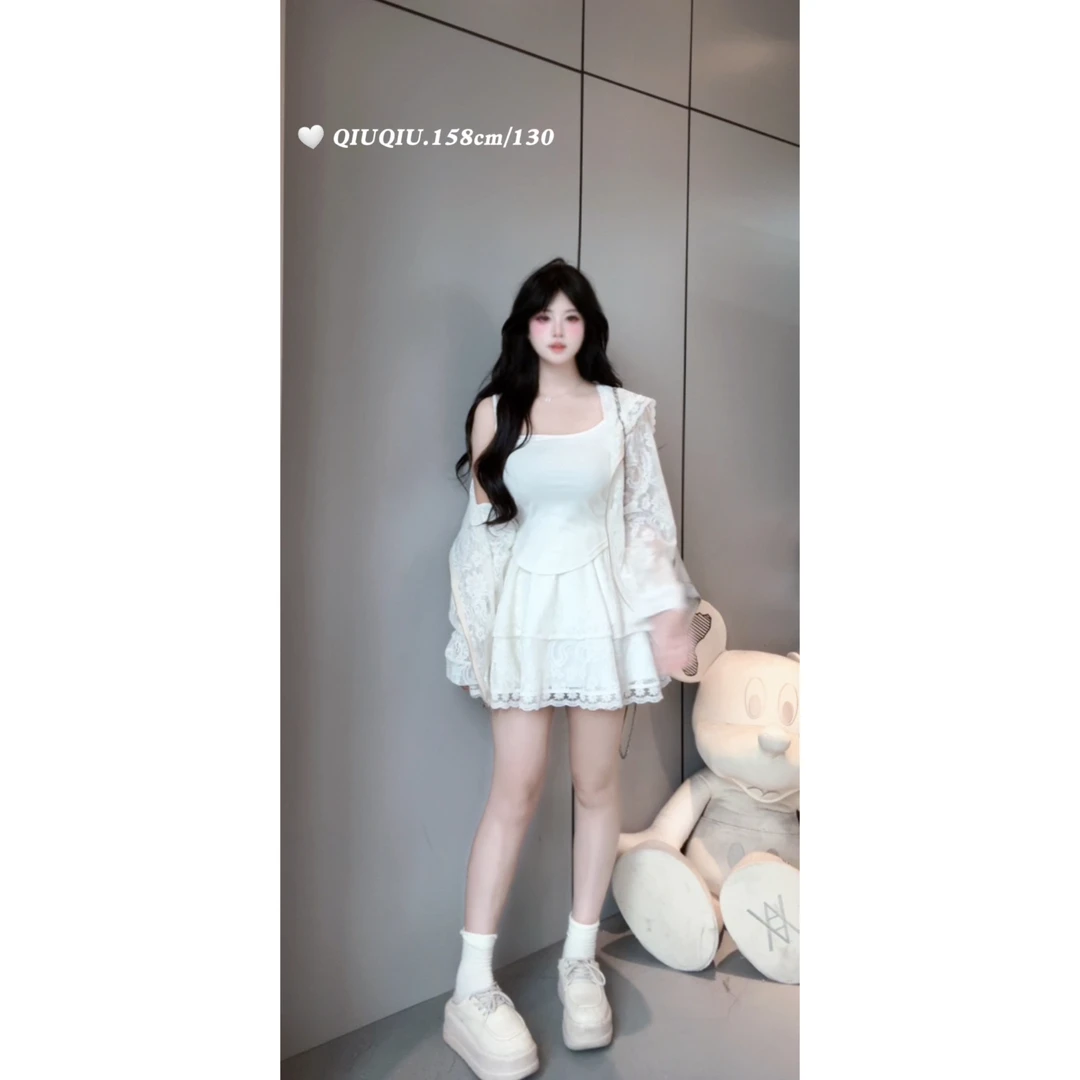 【初雪纺少女】9783 胖m新款三件套吊带背心蕾丝短裙搭蕾丝绣花开衫