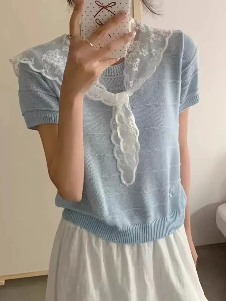 乐缘夏季韩系风蕾丝披肩短袖针织衫气质百搭上衣