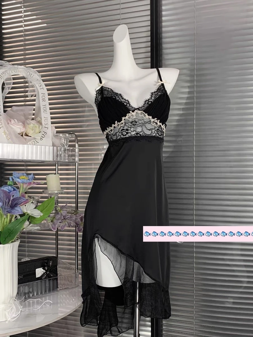 【镜舞】不规则长裙带胸垫纯欲风睡裙蕾丝网纱镂空性感家居服