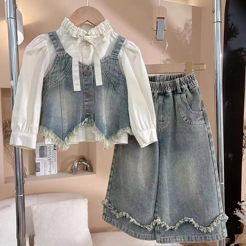 秋季女童衬衫牛仔马甲阔腿裤三件套宝宝套装HCD109-yz
