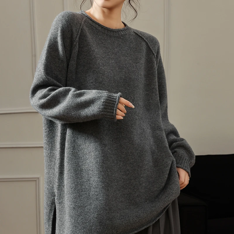 甄选100%羊毛慵懒风显白毛衣百搭休闲宽松长袖针织衫秋冬圆领毛衣