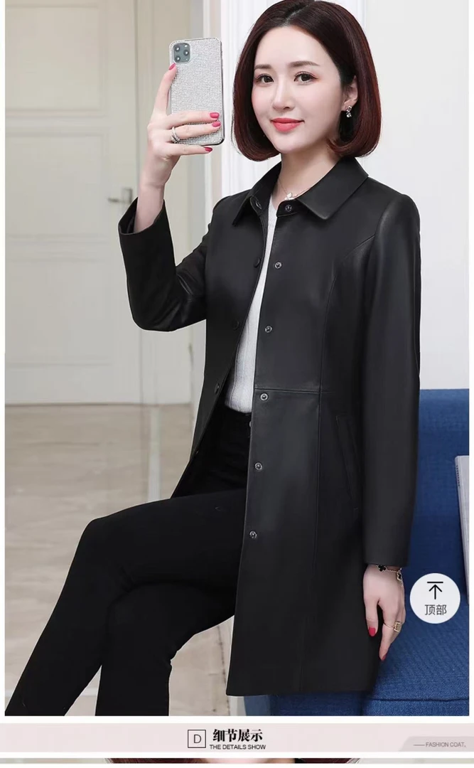 海宁新款中场翻领风衣式皮衣