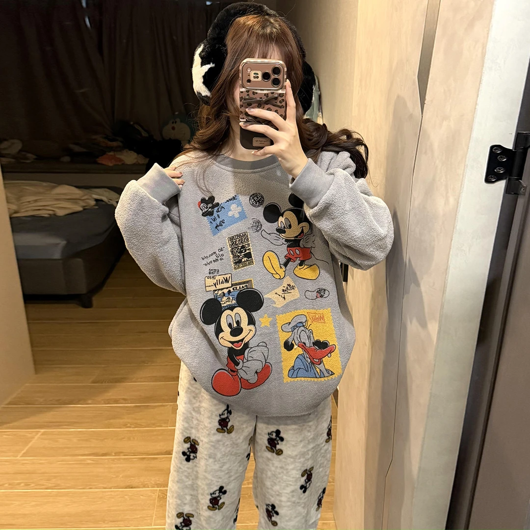 睡衣女秋冬季珊瑚绒加厚大码米奇套装可外穿米粒绒冬天保暖家居服