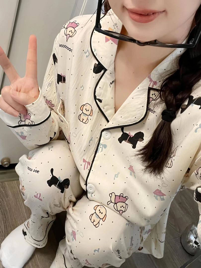 6106黑色小狗大码春秋季宽松长袖翻领气质睡衣女可外穿家居服套装