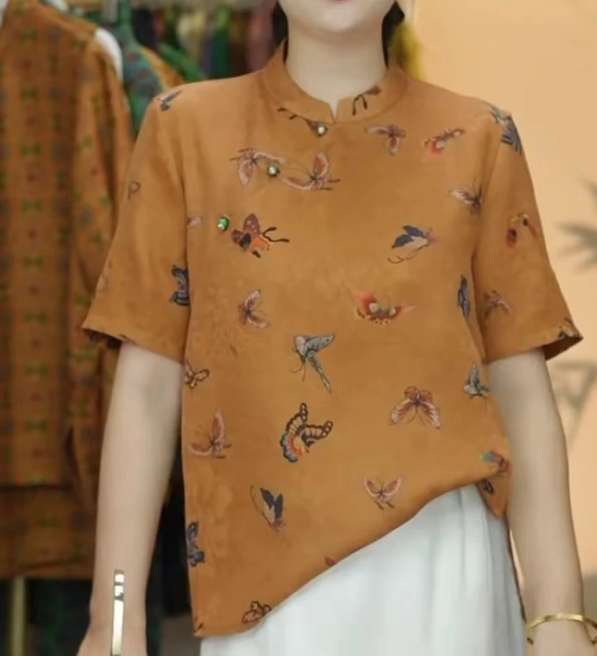 【蝶舞】新中式100桑蚕丝花萝香云纱立领短袖衬衫夏季中长款上衣女