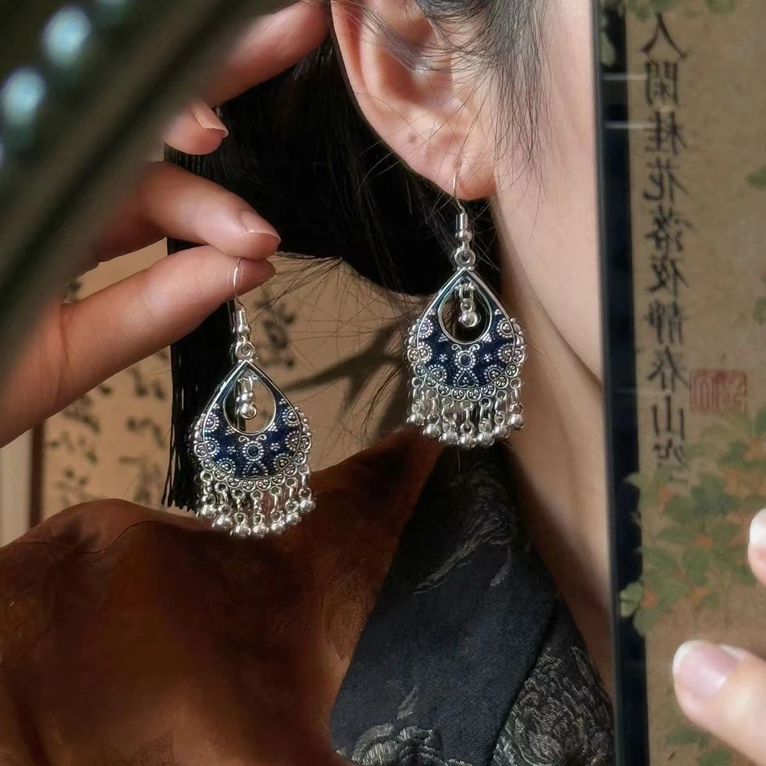 铜合金珐琅耳饰 复古文艺古典端庄耳钩百搭镂空时尚流苏吊坠耳环
