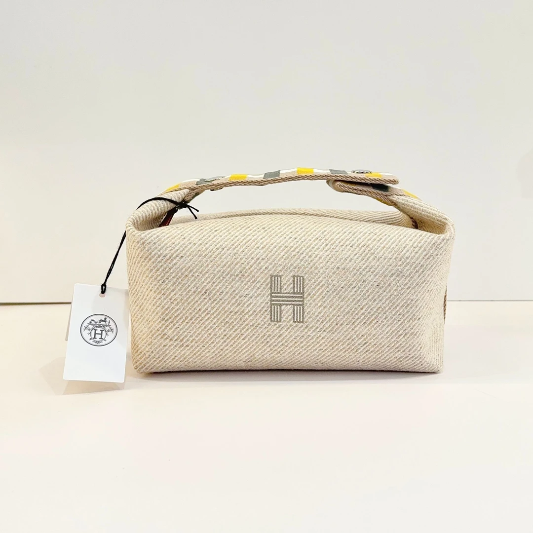 全新未使用 Hermes/爱马仕 蔚蓝/奶茶色帆布小号饭盒包