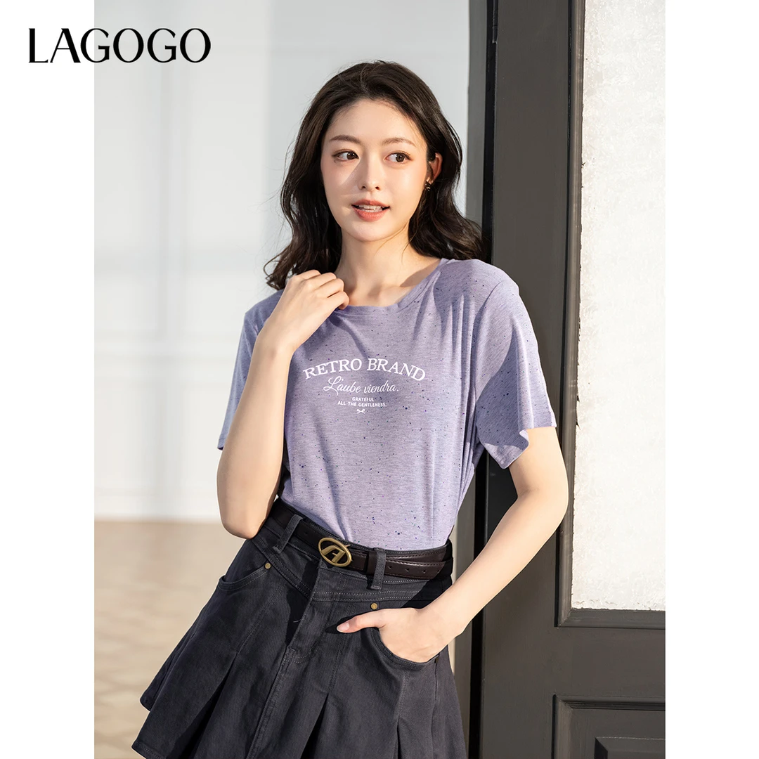 【黛一一专属】lagogo2025新款弹力舒适字母香芋紫T恤女OATT311G15