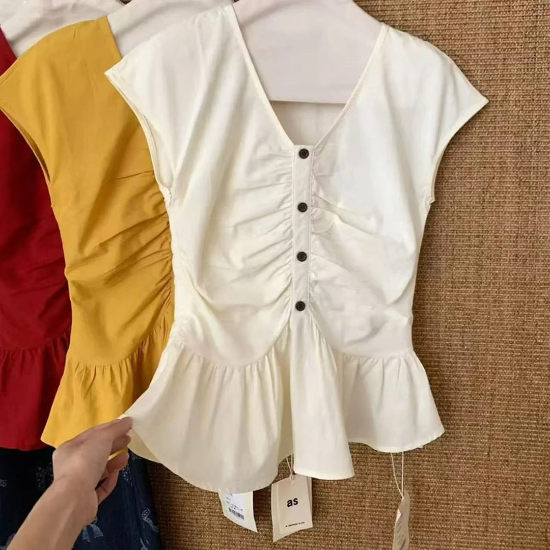 褶皱夏季薄款衬衫韩系复古甜美荷叶边裙摆V领捏褶设计感收腰小衫