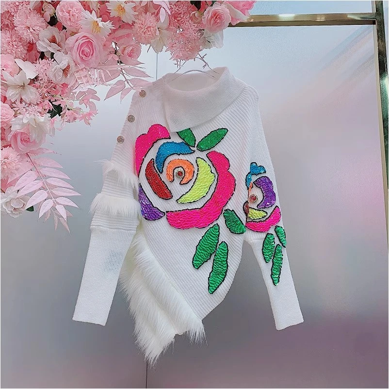 HH7032欧美设计师2024秋冬季新款钉珠刺绣彩色亮片花朵不规则毛衣