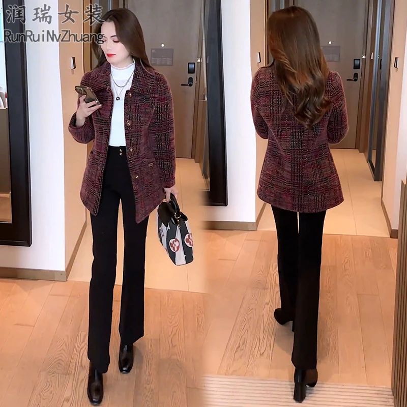 复古格纹中长款呢子外套女2025秋冬季妈妈加厚小个子洋气毛呢上衣
