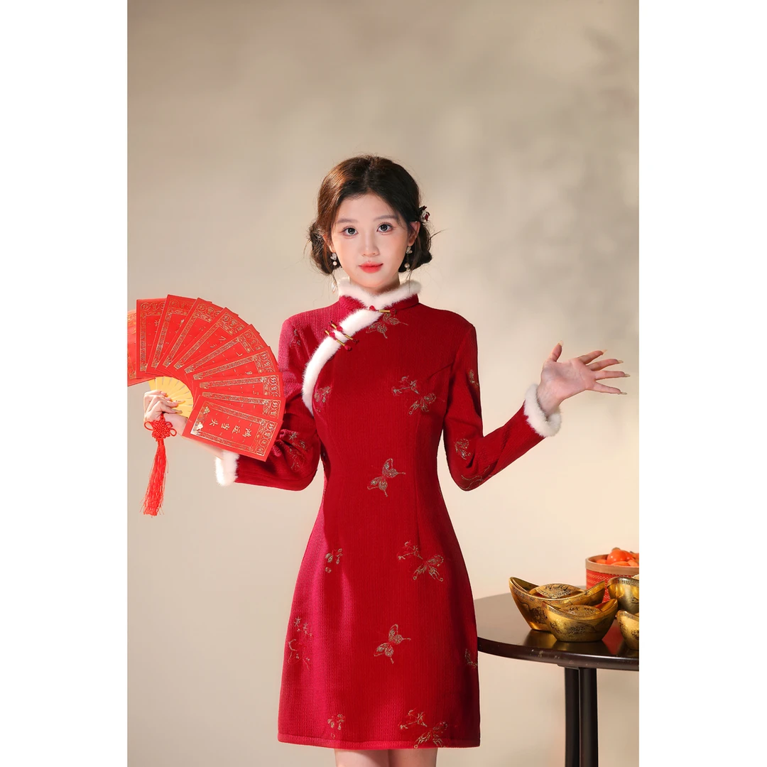 红色加绒加厚冬季中国风旗袍冬款中式修身新娘婚礼订婚礼服-鸳鸯