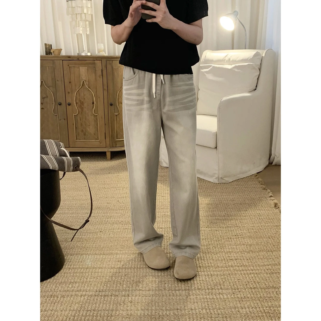 阿茶与阿古做旧沙漠色牛仔裤男夏季潮流宽松直筒休闲长裤A2506330