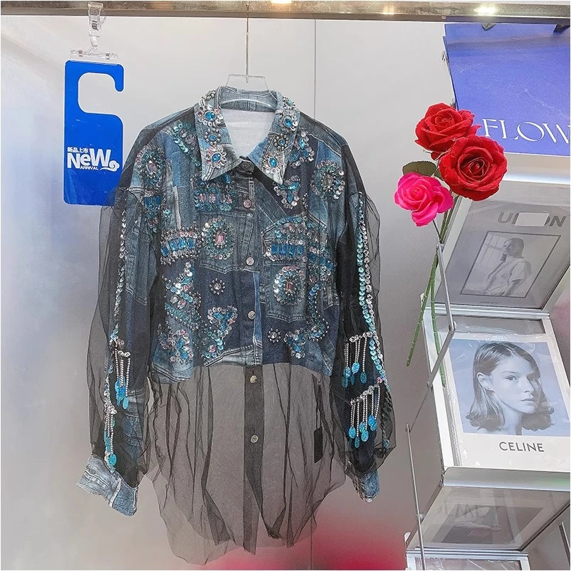 HH3065欧美风设计师2024早春新款重工钉钻流苏串珠拼纱个性衬衫女