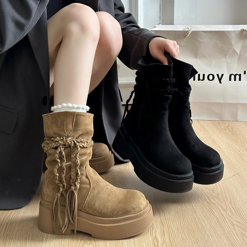 江心白复古厚底流苏堆堆靴女2025秋冬新款西部牛仔粗跟增高马丁靴