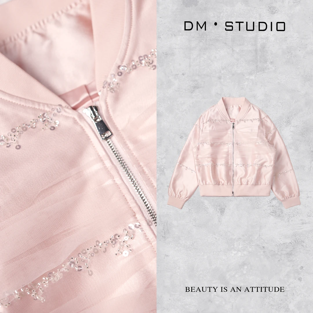 DM•STUDIO/精致小众高级感亮片粉色长袖拉链外套（25W072）