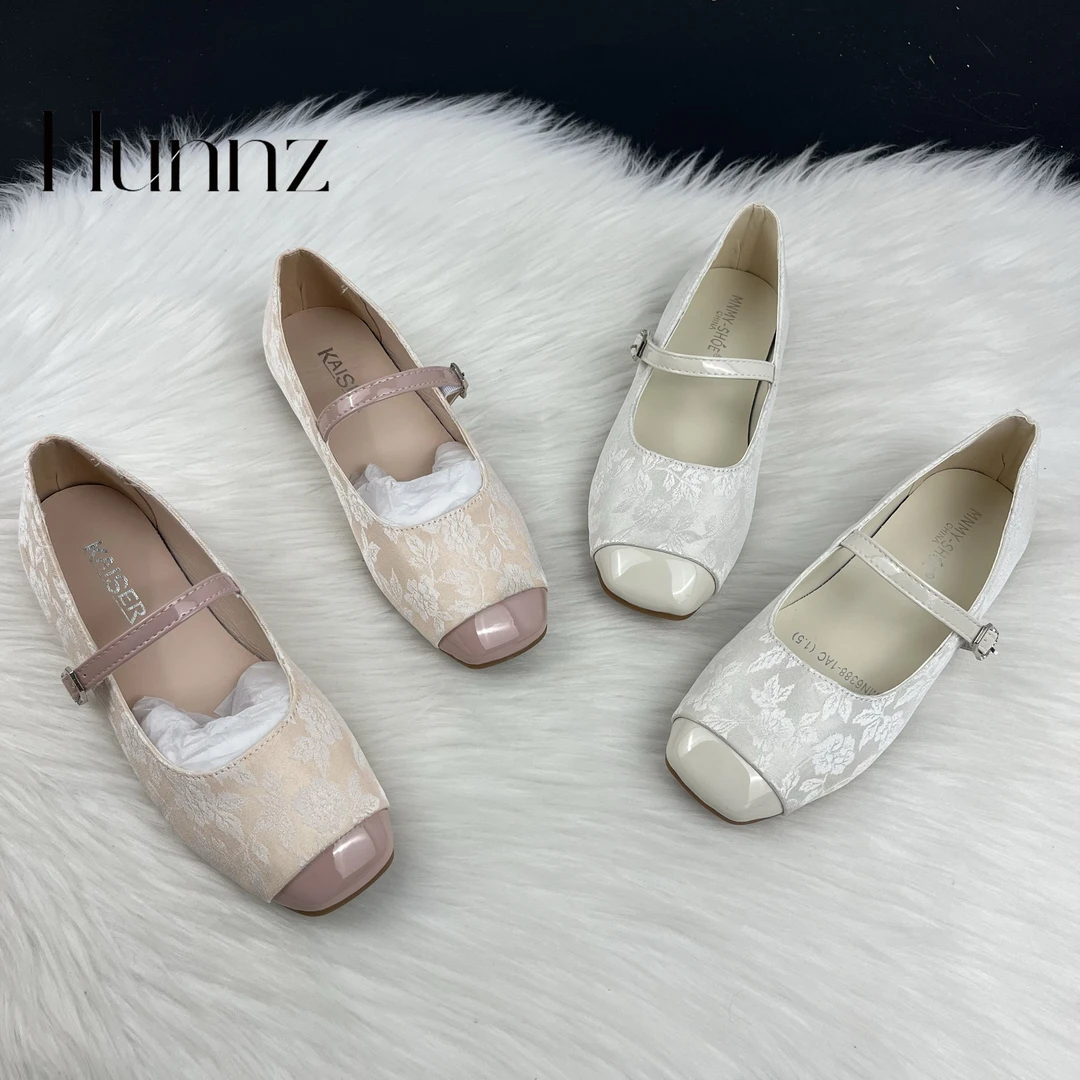 hunnz法式单鞋珍珠一字带玛丽珍鞋女丝绸新款粗跟配裙子单鞋