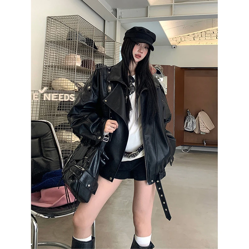 皮衣外套女2025冬季新款黑色酷飒风宽松pu机车美式加绒加厚皮夹克