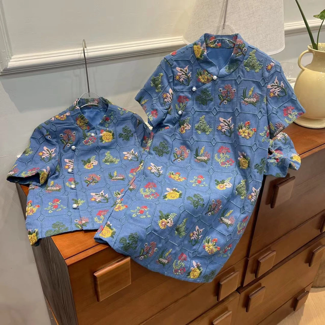 【喜儿定制】春季新款百搭时尚短袖旗袍蓝色汉服休闲中大童夏季