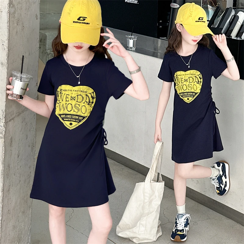 女童夏日爱心印花圆领短袖连衣裙2025新款6-12岁小女孩时尚洋气潮