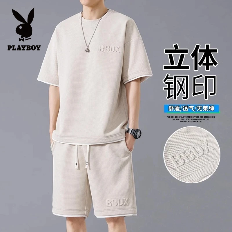 花花公子运动休闲套装夏季新款圆领短袖五分裤子两件套男士高级感