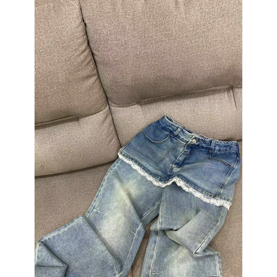 NO退NO换B11840大码胖M新款韩系假两件蕾丝百搭休闲直筒牛仔裤