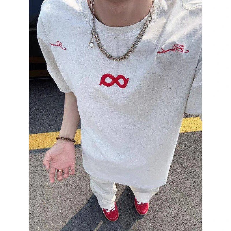 白灰色刺绣BIPOLAR断开字短袖男生t恤夏季美式高街重磅潮牌半截袖