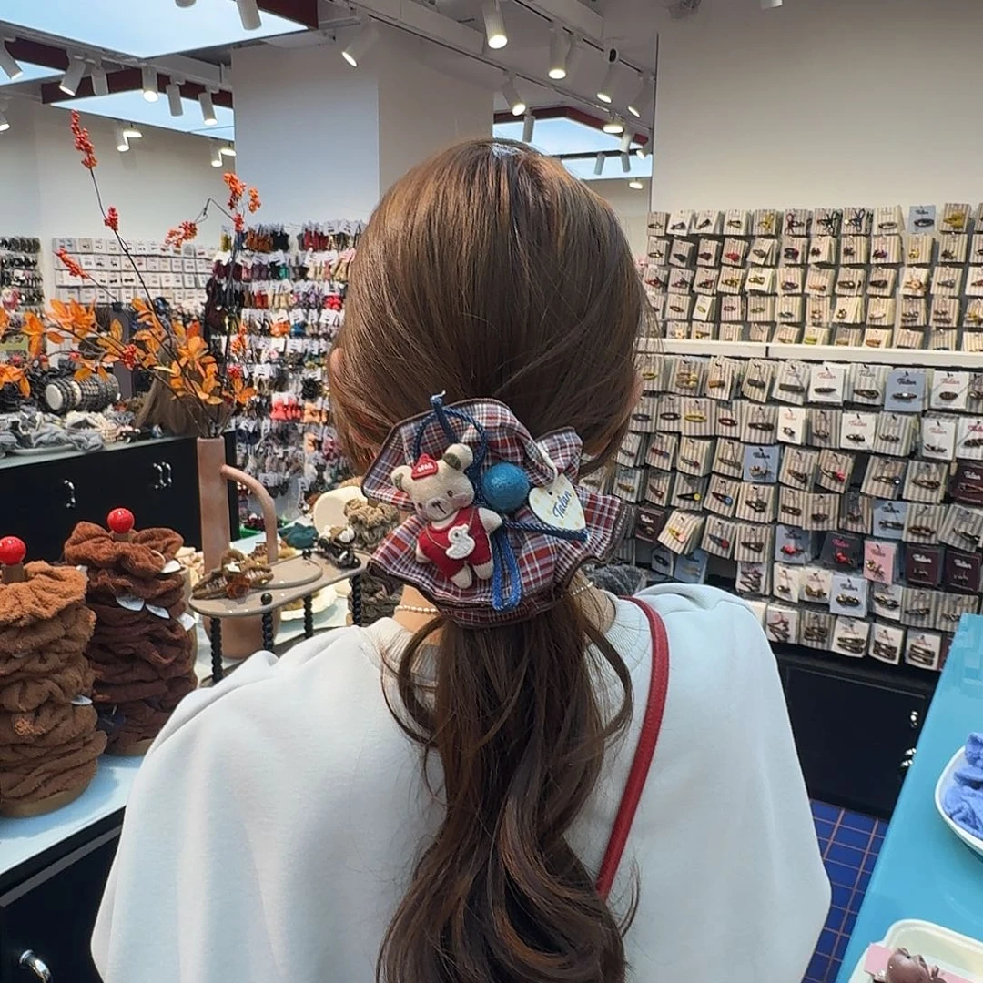 新款小熊发圈红色格子