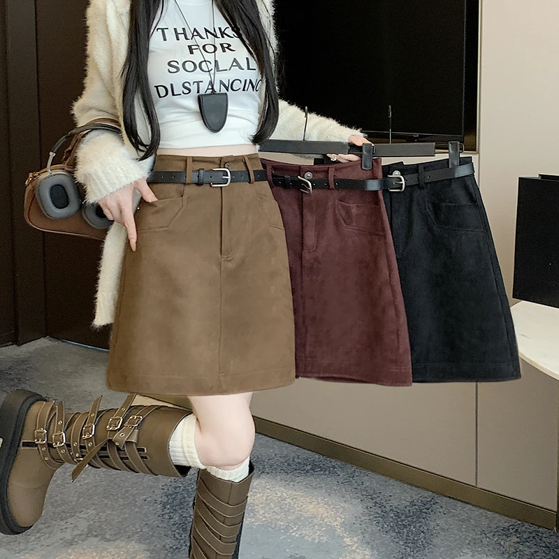 韩版鹿皮绒半身裙秋冬新款大码高腰遮胯显瘦a字裙小众百搭包臀裙