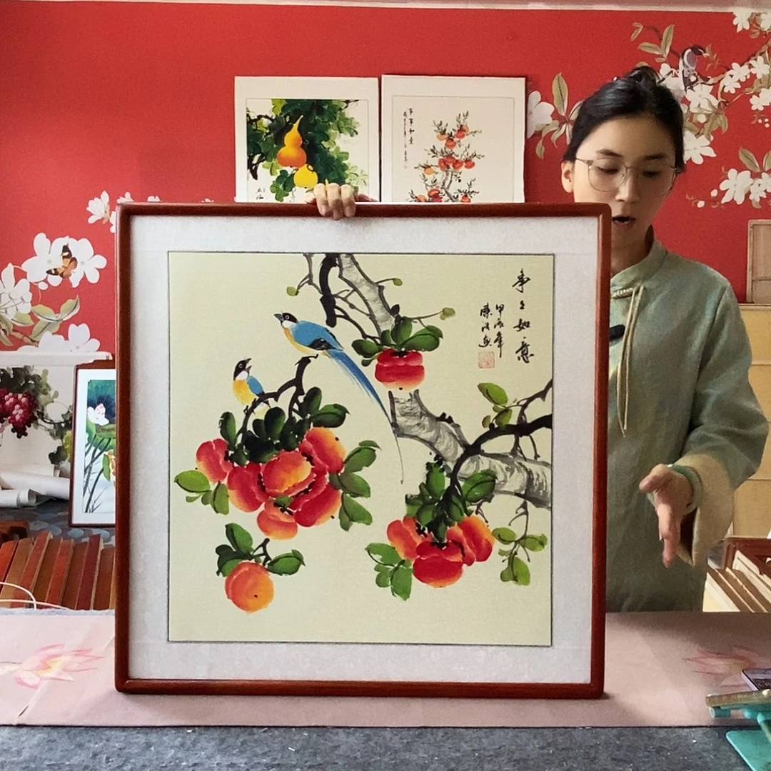 国画手写手绘国画作品带框包邮62✖️62