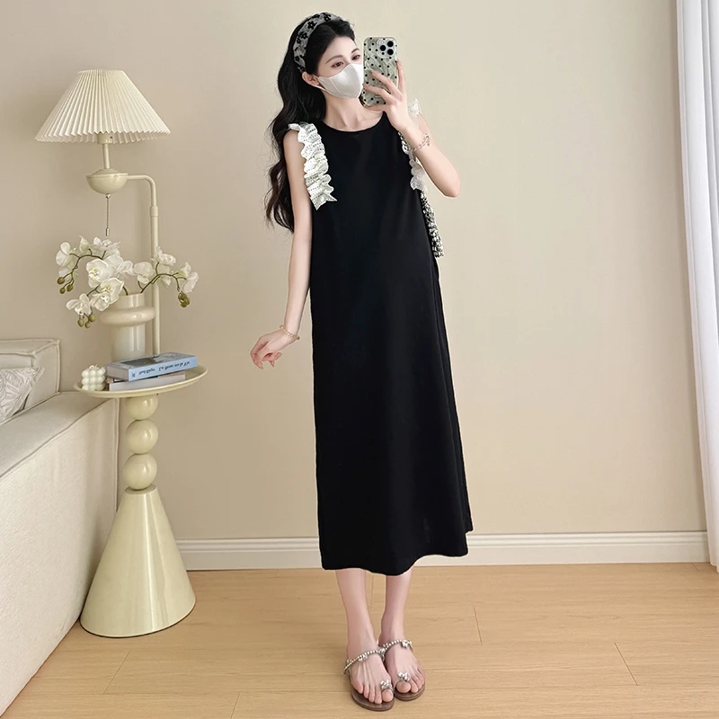 孕妇时尚长裙拼接显瘦气质无袖裙显瘦法式夏装宽松裙子夏季连衣裙