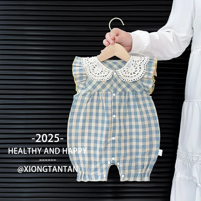 婴儿连体衣夏季新款宝宝衣服花边格子爬爬服新生儿衣服婴儿服装