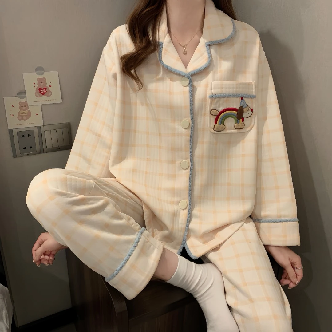 睡衣女秋冬季开衫翻领长袖长裤套装卡通宽松保暖夹层可外穿家居服