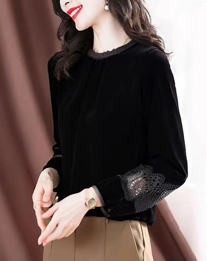 拼接薄款圆领花边领纽扣纯色衬衫黑色秋季衬衣金丝9082