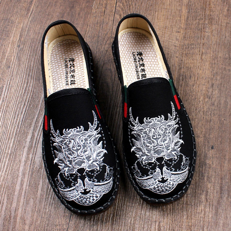 春季新款手工老北京布鞋男透气软底一脚蹬耐磨防滑牛筋底高档刺绣