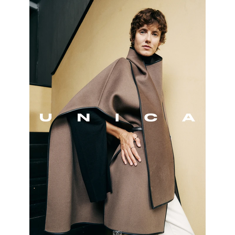 UNICA/博主造型精致皮边_多种穿法羊绒羊毛双面呢斗篷外套