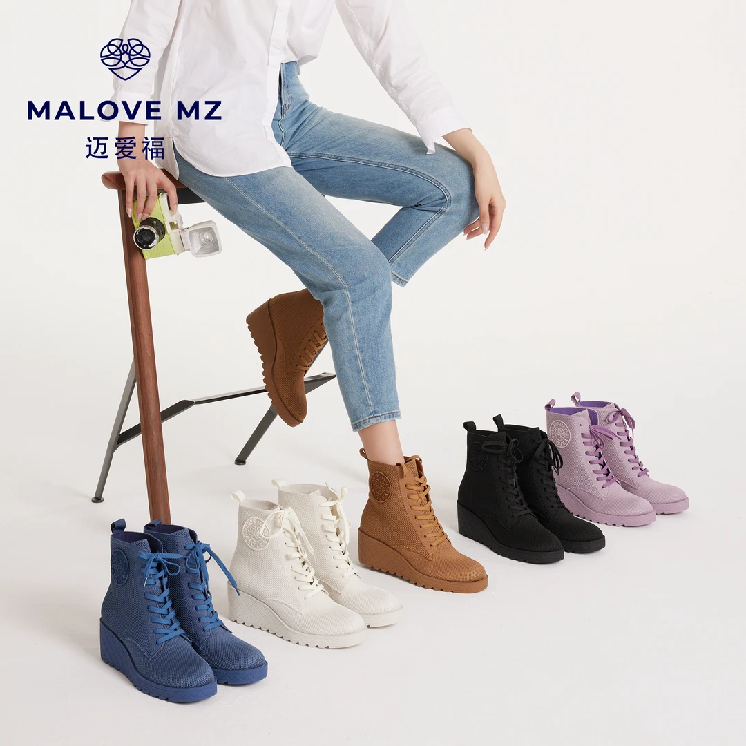 MALOVEMZ马丁靴女秋冬新款时尚厚底粗跟系带短靴百搭舒适时装靴