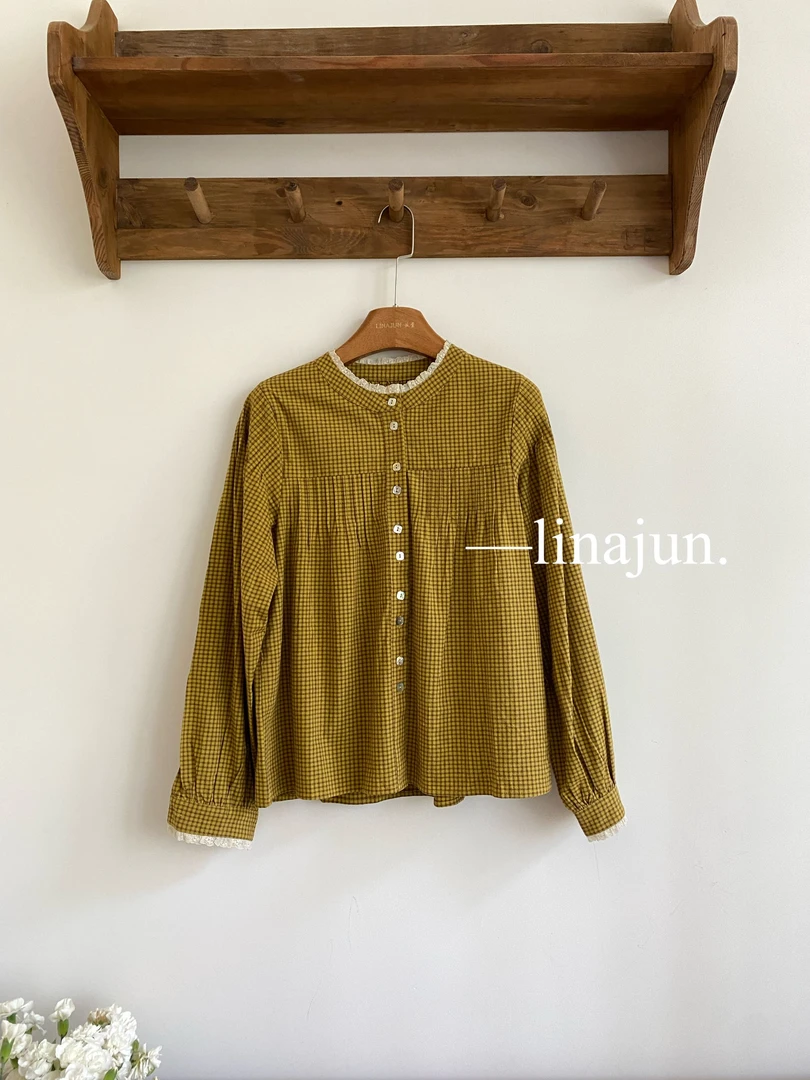 8.12秋棠春季新款韩系文艺格纹花边领长袖衬衫